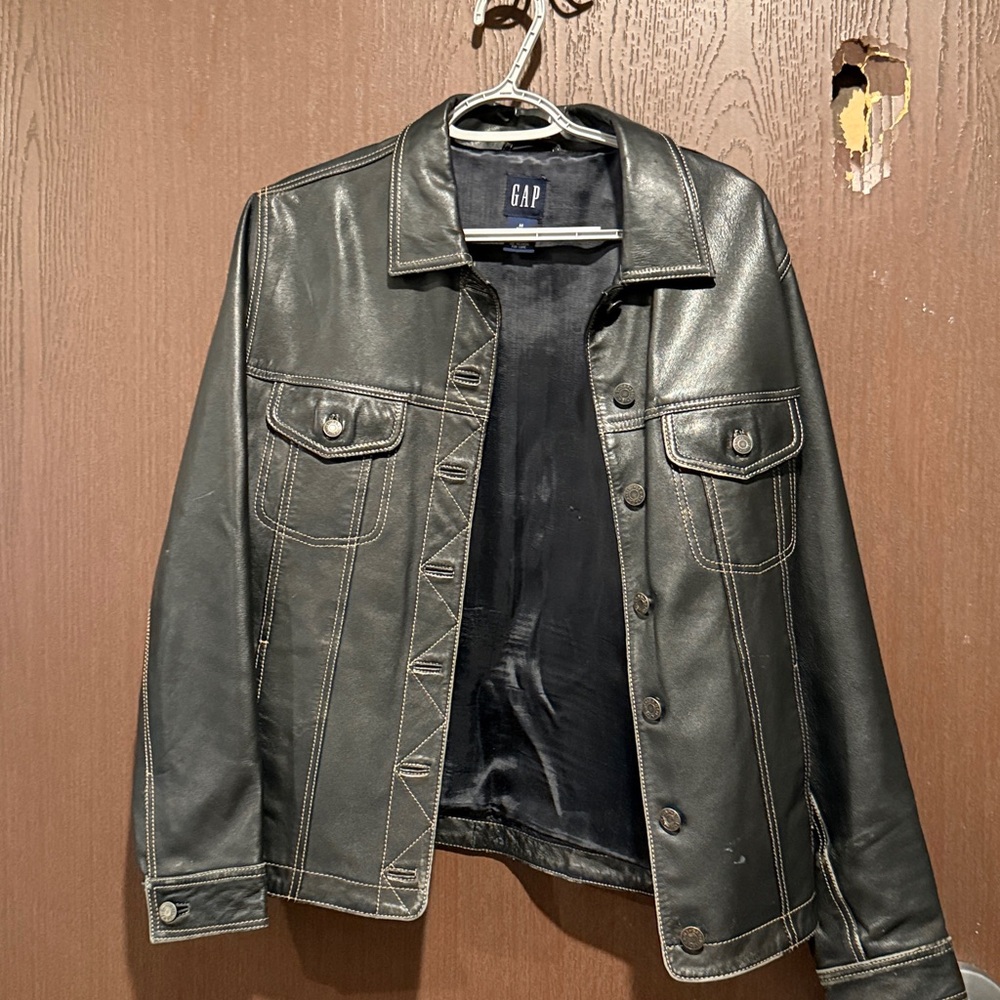 GAP Black Leather Button-Front Jacket with Contrast Stitching